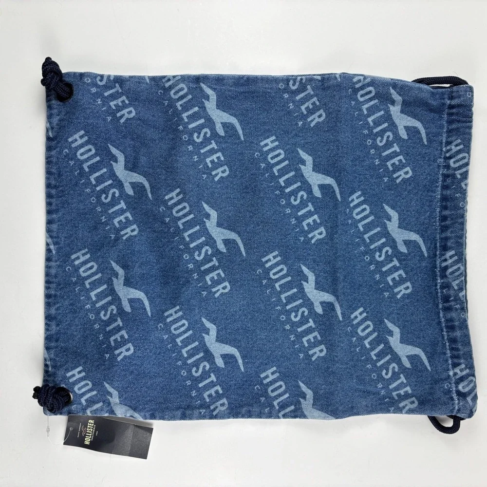 New Hollister Drawstring Backpack Unisex OS Blue Denim Logo Cinch Bag Y2K Casual